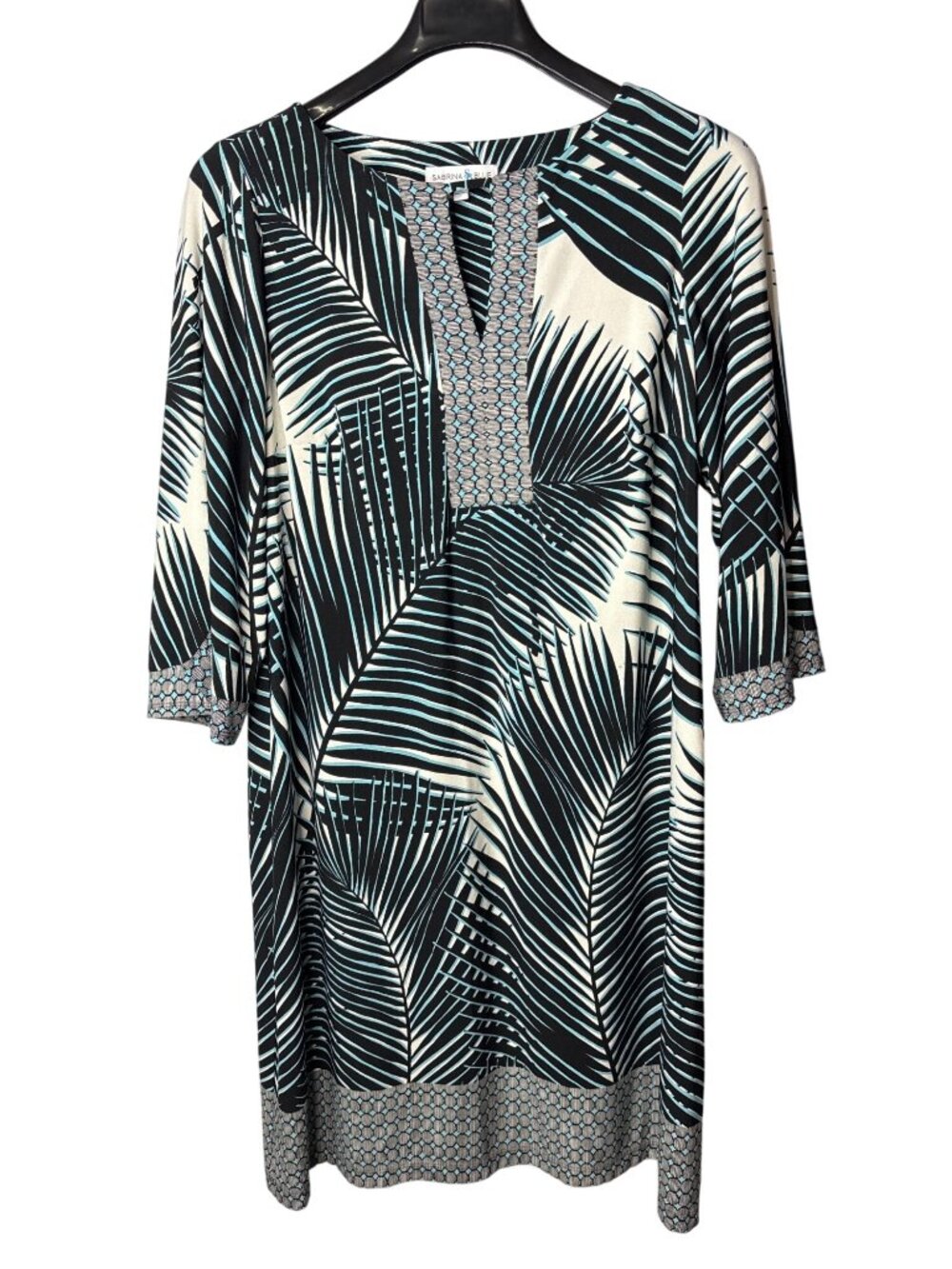 Sabrina Blue Plus Size Midi Shift Dress 1X Tropical Leaves Black White Blue Keyh